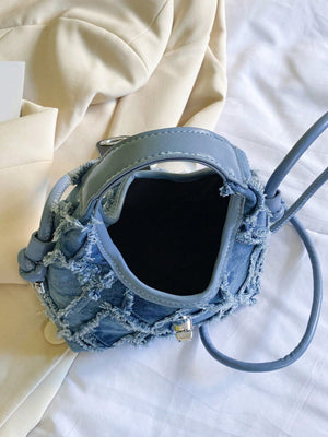 Mini Hobo Bag Twist Lock Raw Trim Denim Underarm Bag,Trendy Turn - Lock Satchel Bag - Negative Apparel