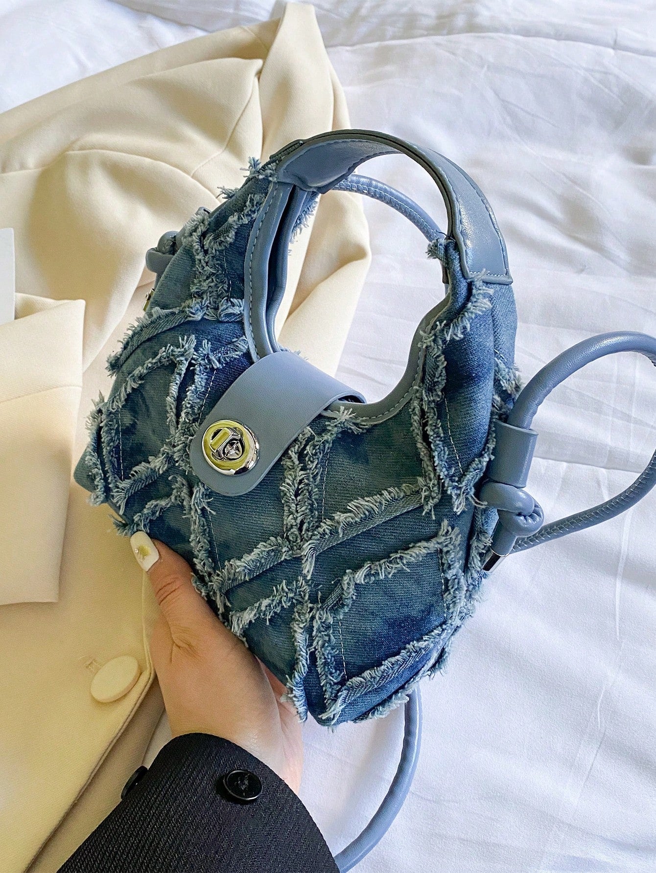 Mini Hobo Bag Twist Lock Raw Trim Denim Underarm Bag,Trendy Turn - Lock Satchel Bag - Negative Apparel