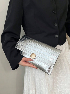 Minimalist Croc Embossed Envelope Bag Silver Metal Decor Clutch Bag - Negative Apparel