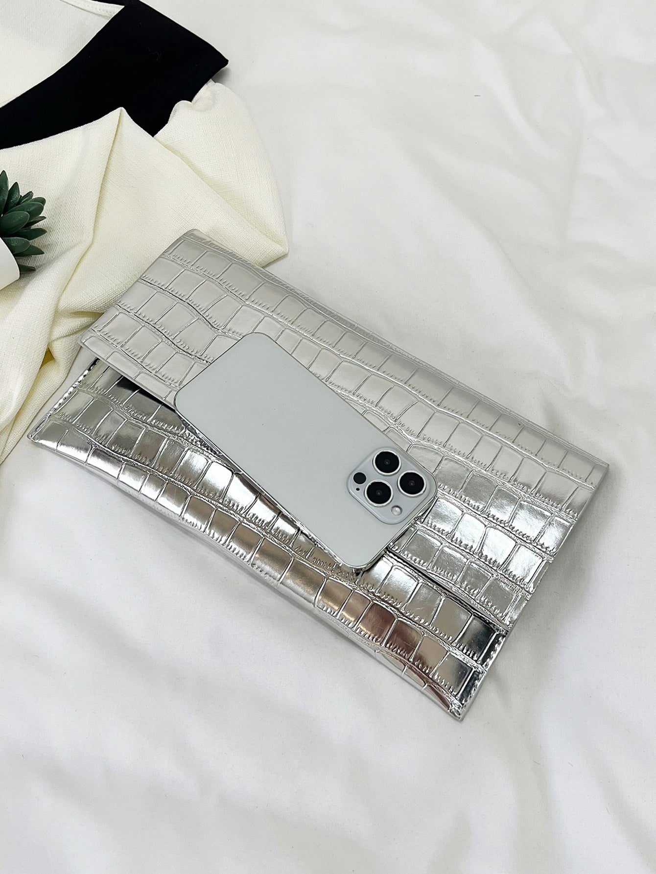 Minimalist Croc Embossed Envelope Bag Silver Metal Decor Clutch Bag - Negative Apparel