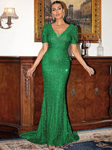 Missord Puff Sleeve V Back Floor Length Sequin Formal Gown - Negative Apparel