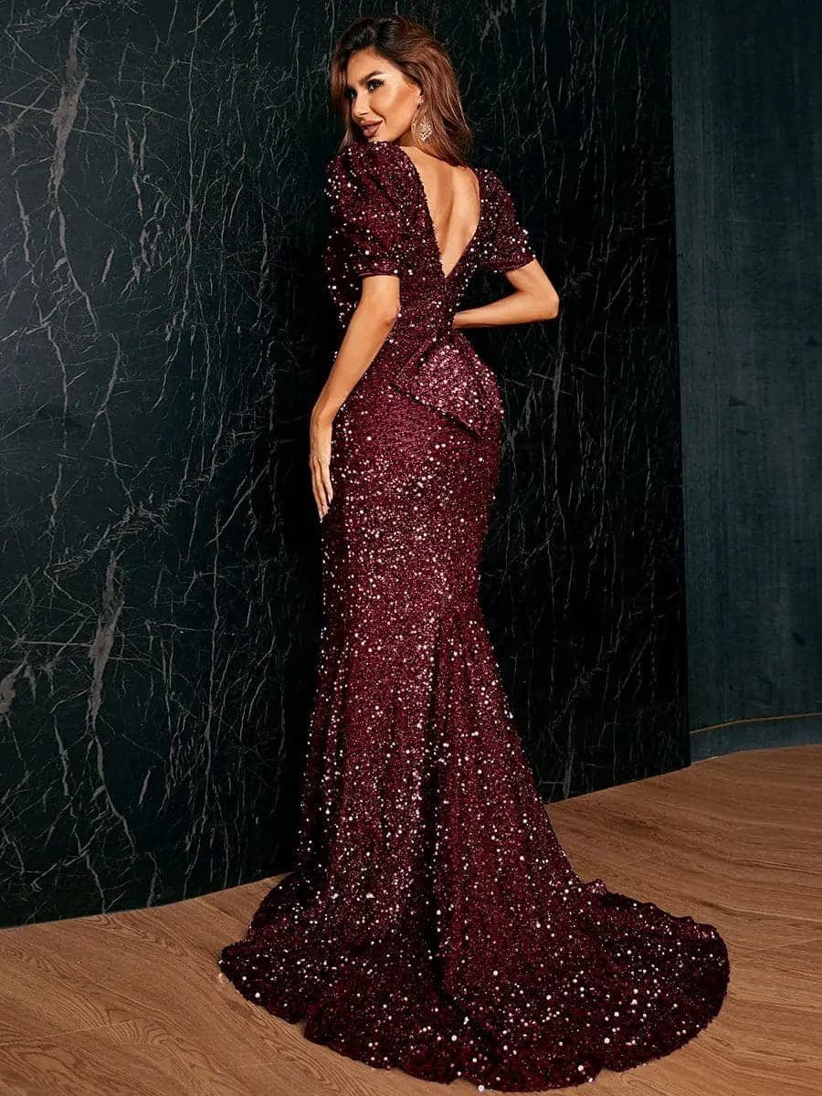 Missord Puff Sleeve V Back Floor Length Sequin Formal Gown - Negative Apparel