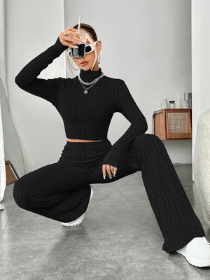 Mock Neck Crop Tee & Flare Leg Pants - Negative Apparel