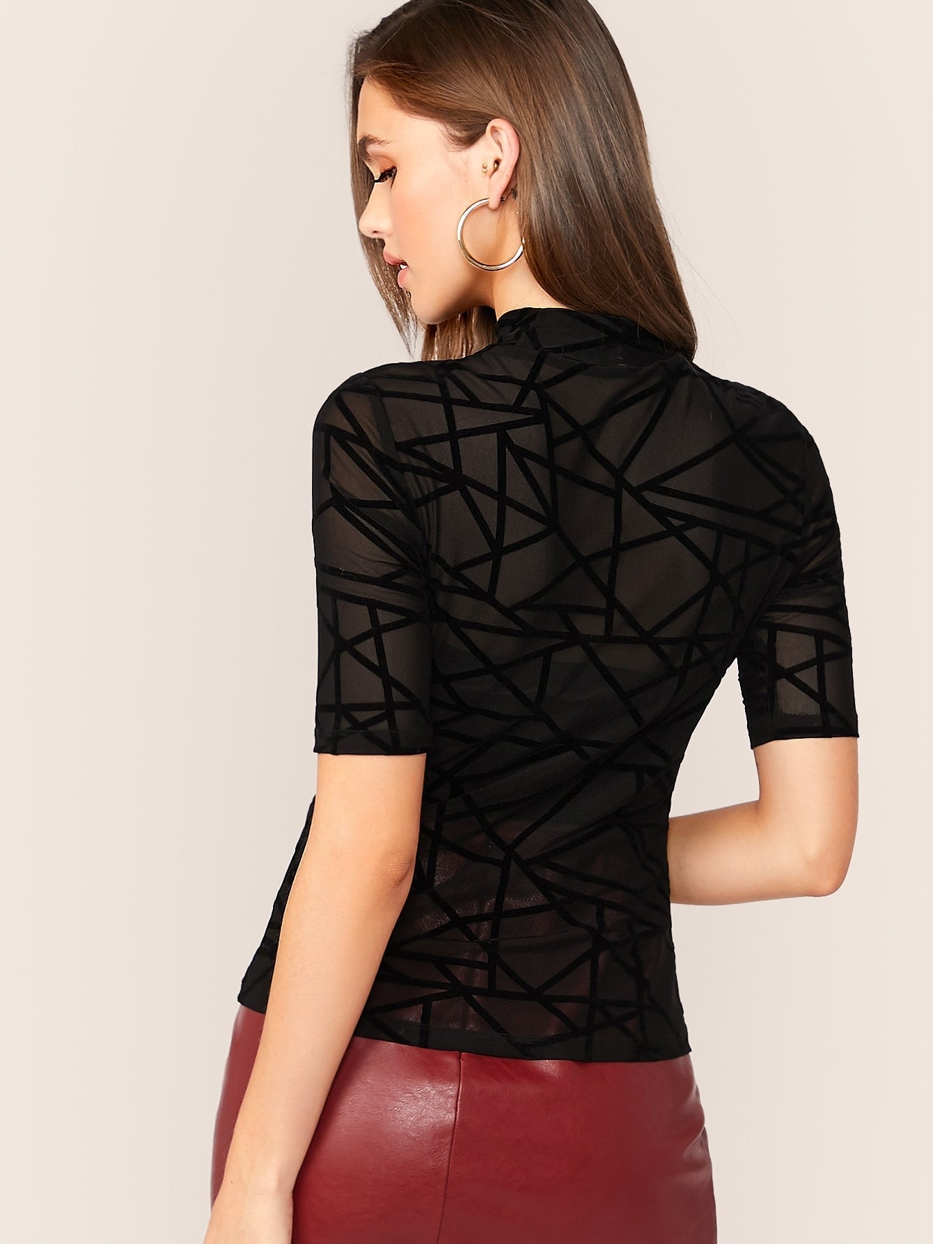 Mock Neck Mesh Overlay Geo Print Fitted Top Without Tube - Negative Apparel