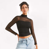 Mock neck mesh splicing long sleeve crop top - Negative Apparel