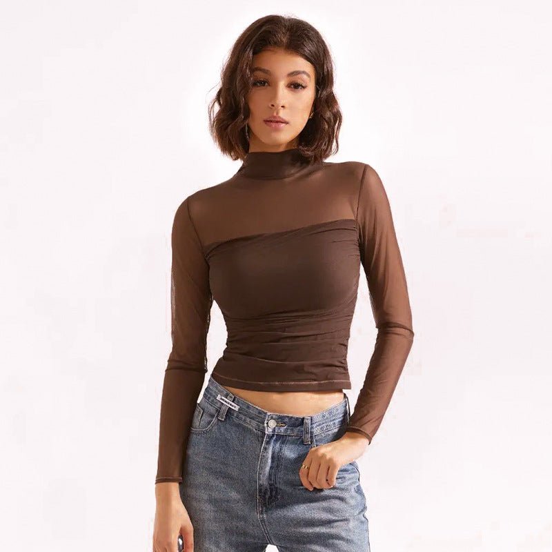 Mock neck mesh splicing long sleeve crop top - Negative Apparel