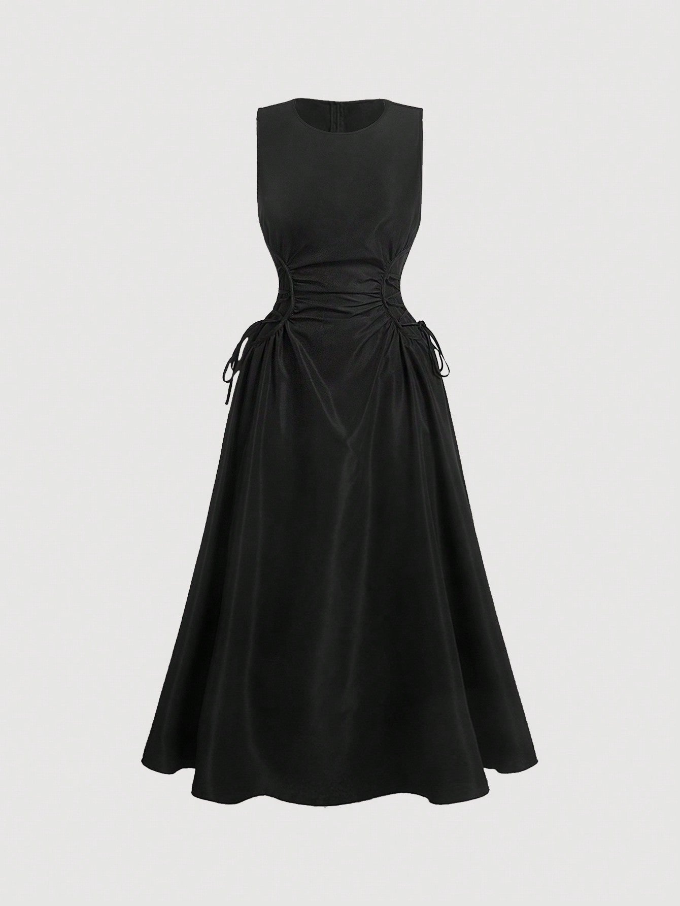 MOD Black Date Night Lateral Cross Frenulum Solid Ruched Detail Long Dress - Negative Apparel