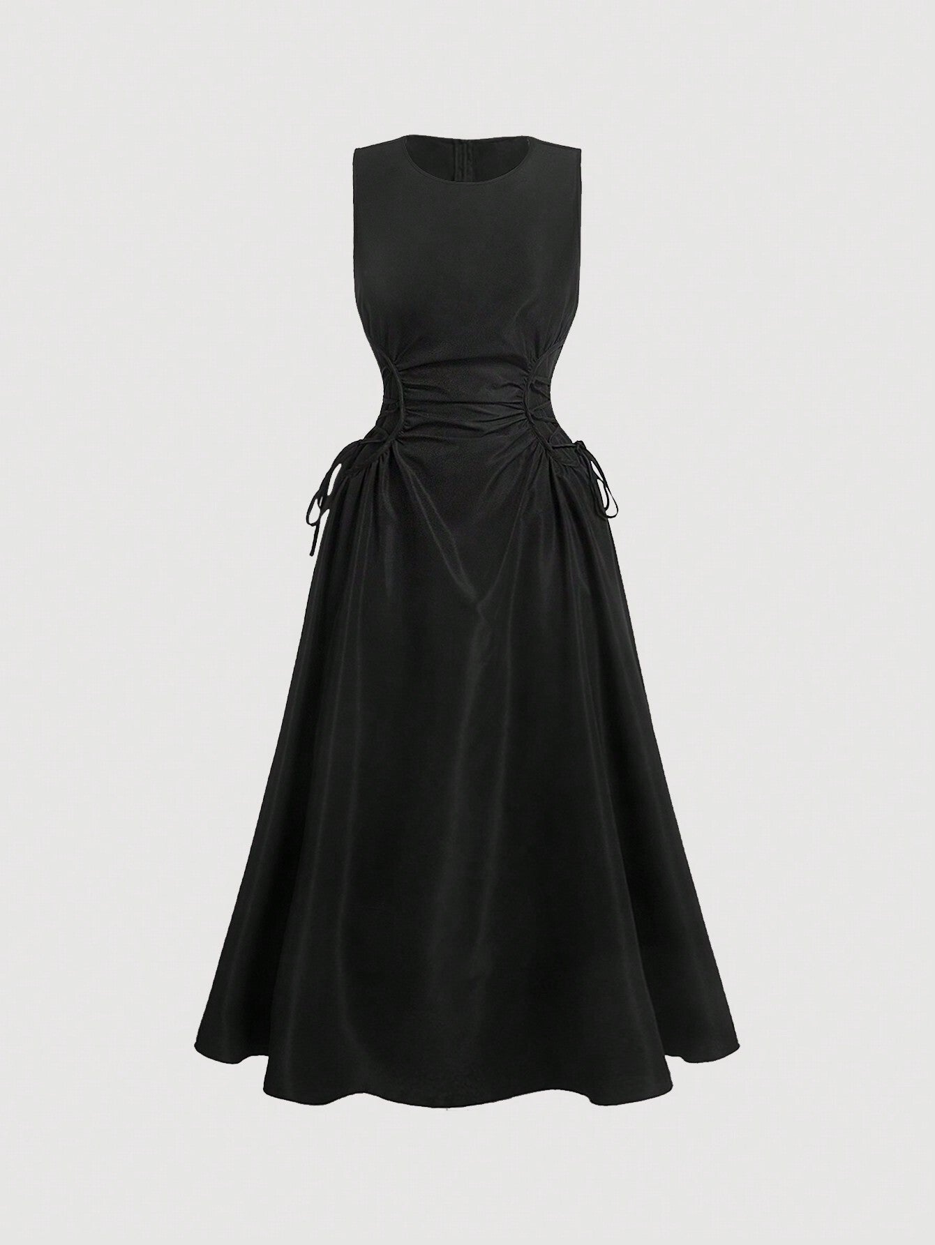 MOD Black Date Night Lateral Cross Frenulum Solid Ruched Detail Long Dress - Negative Apparel