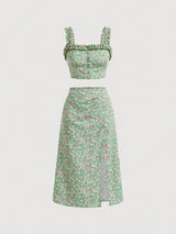 MOD Floral Print Frill Trim Cami Top & Slit Hem Skirt Set - Negative Apparel