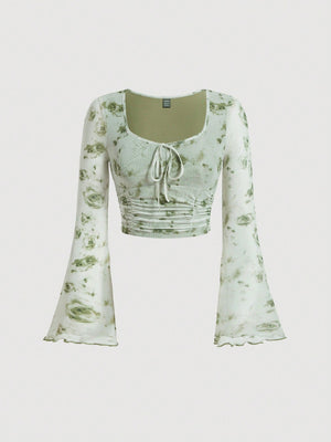 MOD Floral Print Ruffle Hem Bell Sleeve Top - Negative Apparel