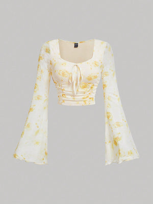 MOD Floral Print Ruffle Hem Bell Sleeve Top - Negative Apparel