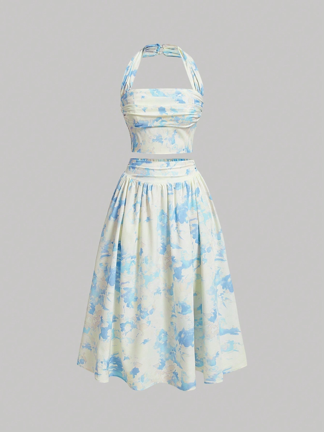 MOD Ladies' Floral Printed Pleated Halter Neck Vest And Skirt Set - Negative Apparel