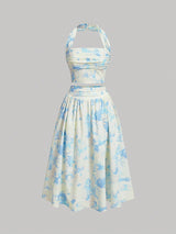 MOD Ladies' Floral Printed Pleated Halter Neck Vest And Skirt Set - Negative Apparel