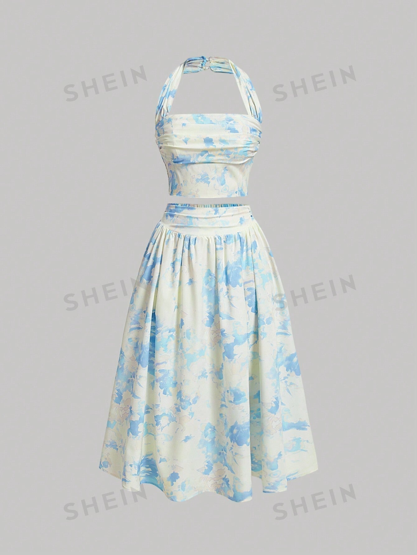 MOD Ladies' Floral Printed Pleated Halter Neck Vest And Skirt Set - Negative Apparel