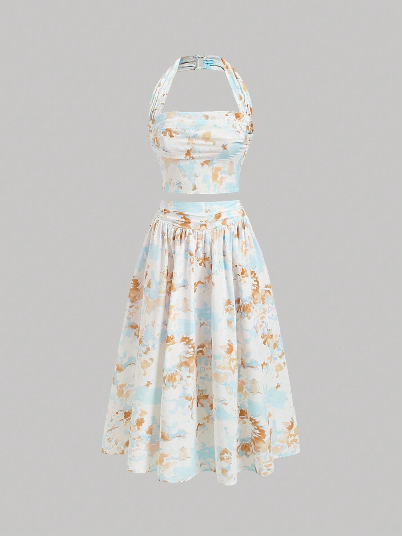 MOD Ladies' Floral Printed Pleated Halter Neck Vest And Skirt Set - Negative Apparel