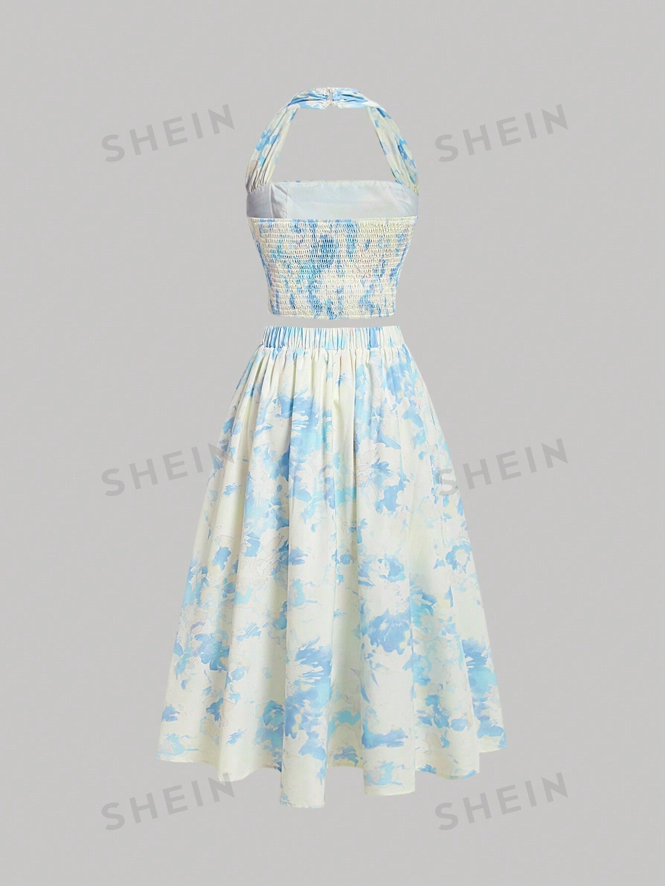 MOD Ladies' Floral Printed Pleated Halter Neck Vest And Skirt Set - Negative Apparel