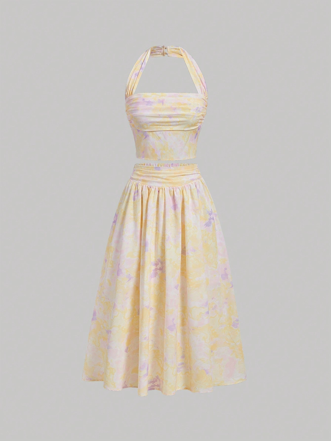 MOD Ladies' Floral Printed Pleated Halter Neck Vest And Skirt Set - Negative Apparel