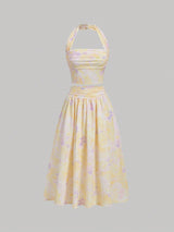 MOD Ladies' Floral Printed Pleated Halter Neck Vest And Skirt Set - Negative Apparel