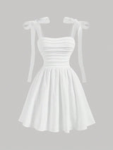 MOD Women White Mesh Strap Pleated Romantic Summer Dress - Negative Apparel