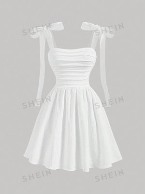 MOD Women White Mesh Strap Pleated Romantic Summer Dress - Negative Apparel