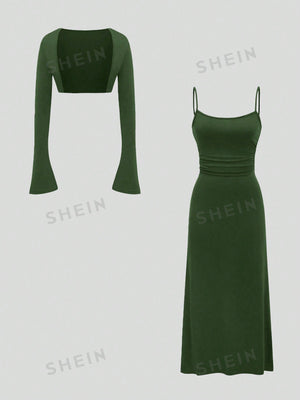 MOD Women's Plain Color Pleated Waist Cami Dress And Bell Sleeve Open Front Jacket 2pcs/Set - Negative Apparel