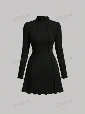 MOD Women's Stand Collar Long Sleeve Stitch Decoration Elasticity Black Dress - Negative Apparel