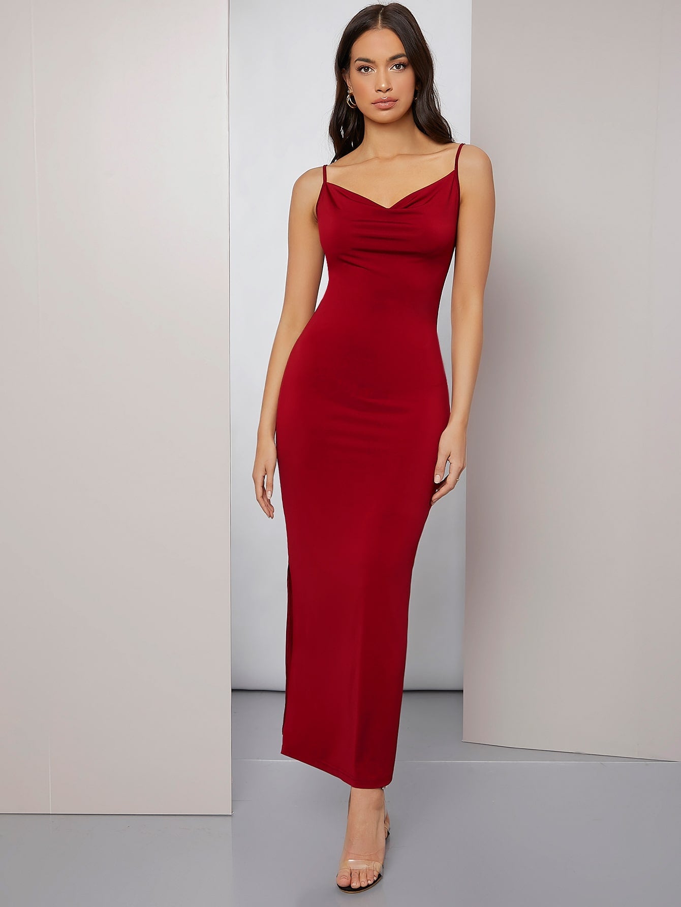 Modely Cowl Neck Solid Cami Prom Dress - Negative Apparel