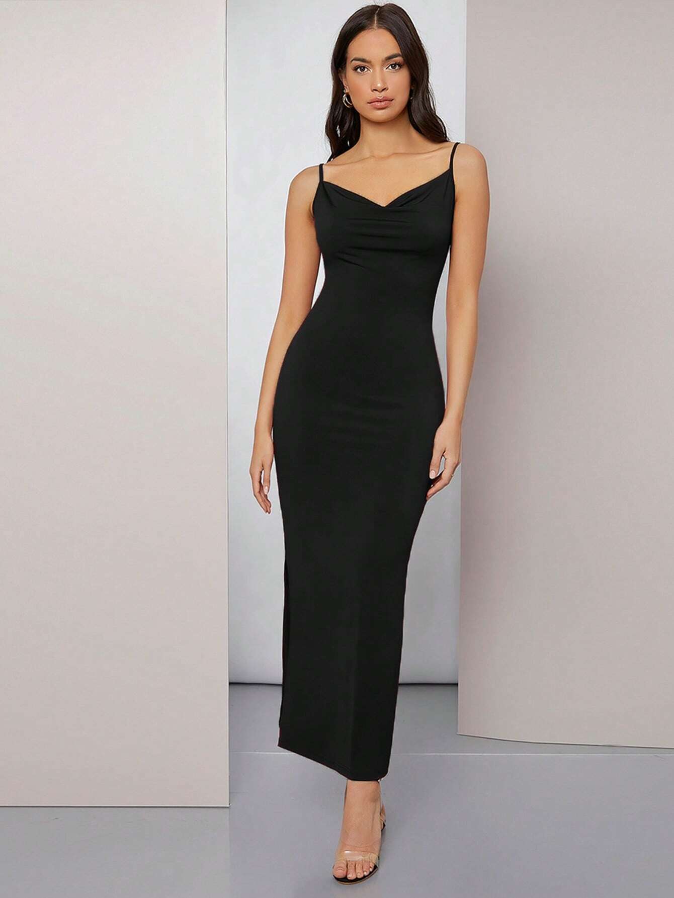 Modely Cowl Neck Solid Cami Prom Dress - Negative Apparel