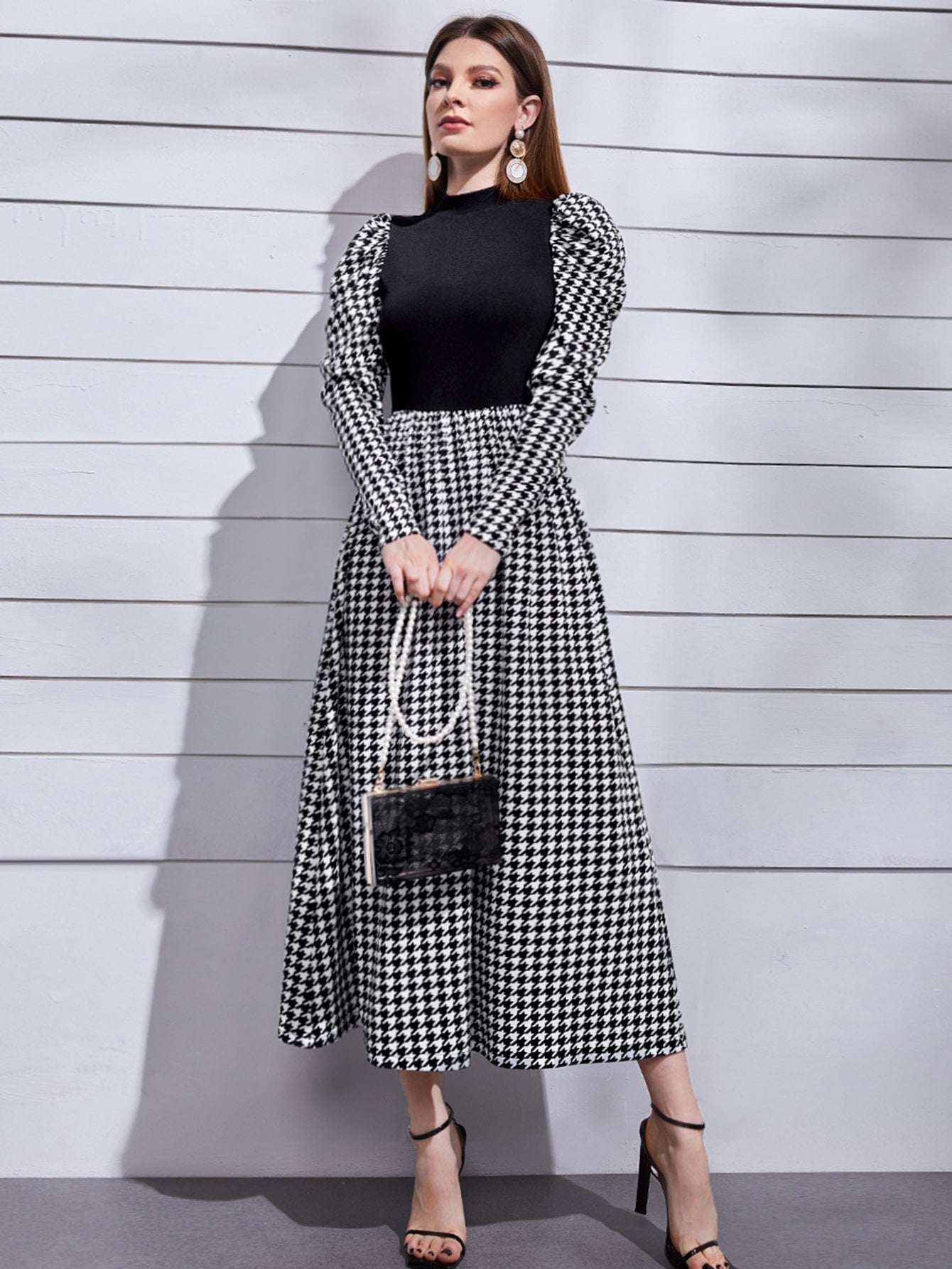 Modely Mock Neck Leg - of - mutton Sleeve Houndstooth Dress - Negative Apparel