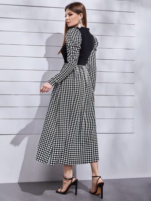 Modely Mock Neck Leg - of - mutton Sleeve Houndstooth Dress - Negative Apparel