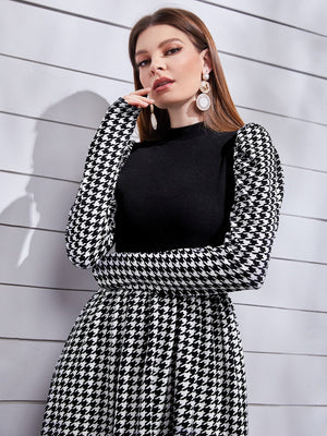 Modely Mock Neck Leg - of - mutton Sleeve Houndstooth Dress - Negative Apparel