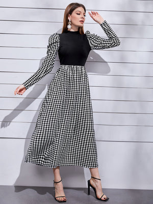 Modely Mock Neck Leg - of - mutton Sleeve Houndstooth Dress - Negative Apparel