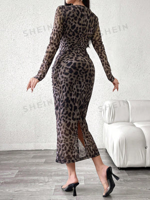 Modely Women's Spring Summer Leopard Print Pleated Hollow Out Long Sleeve Bodycon Elegant Dress - Negative Apparel