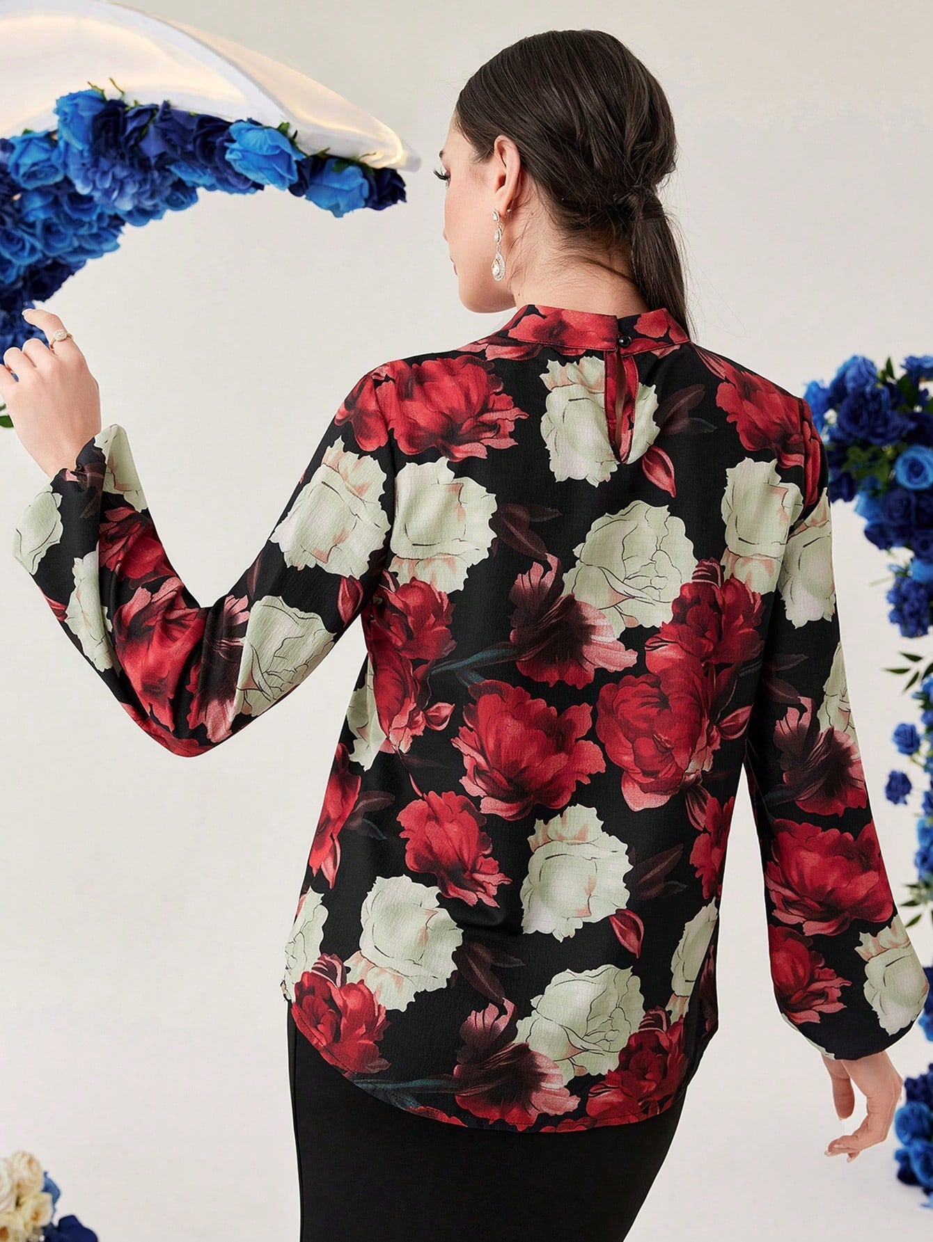 Modely Women's Stand-Collar Flower Print Lantern Sleeve Shirt - Negative Apparel