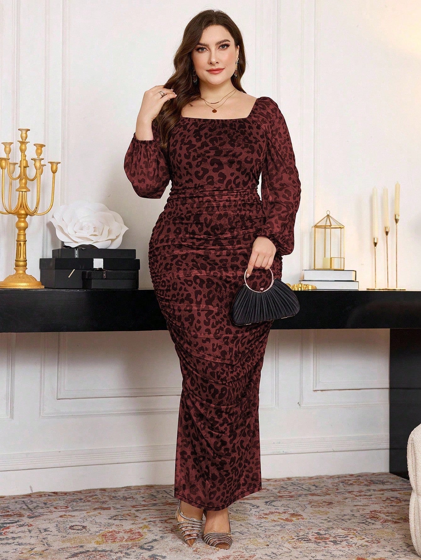 Modelyn Plus Size Women Square Neck Ruffle Elastic Net Leopard Print Lantern Sleeve Fitted Bodycon Midi Dress Maxi Women Outfit Long Evening Dresses - Negative Apparel