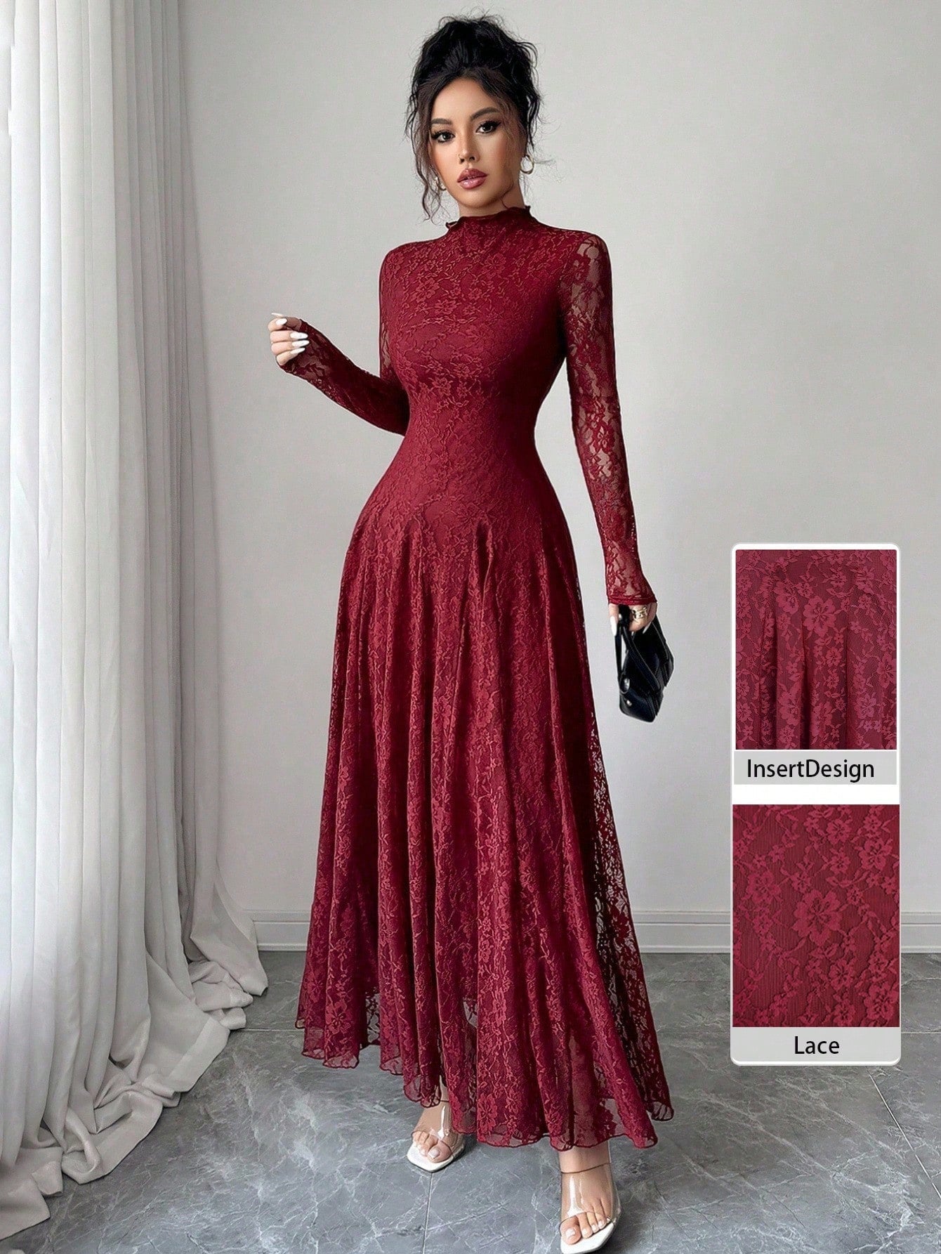 Modelyn Wine Red High Neck Waist Cinched Lace Dress For Women - Negative Apparel
