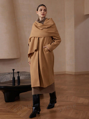 Modichic Autumn/Winter Oversized Long Sleeve Woolen Coat With Detachable Khaki Scarf - Negative Apparel