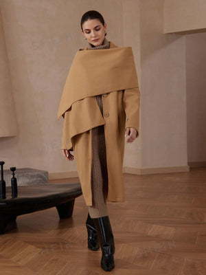 Modichic Autumn/Winter Oversized Long Sleeve Woolen Coat With Detachable Khaki Scarf - Negative Apparel