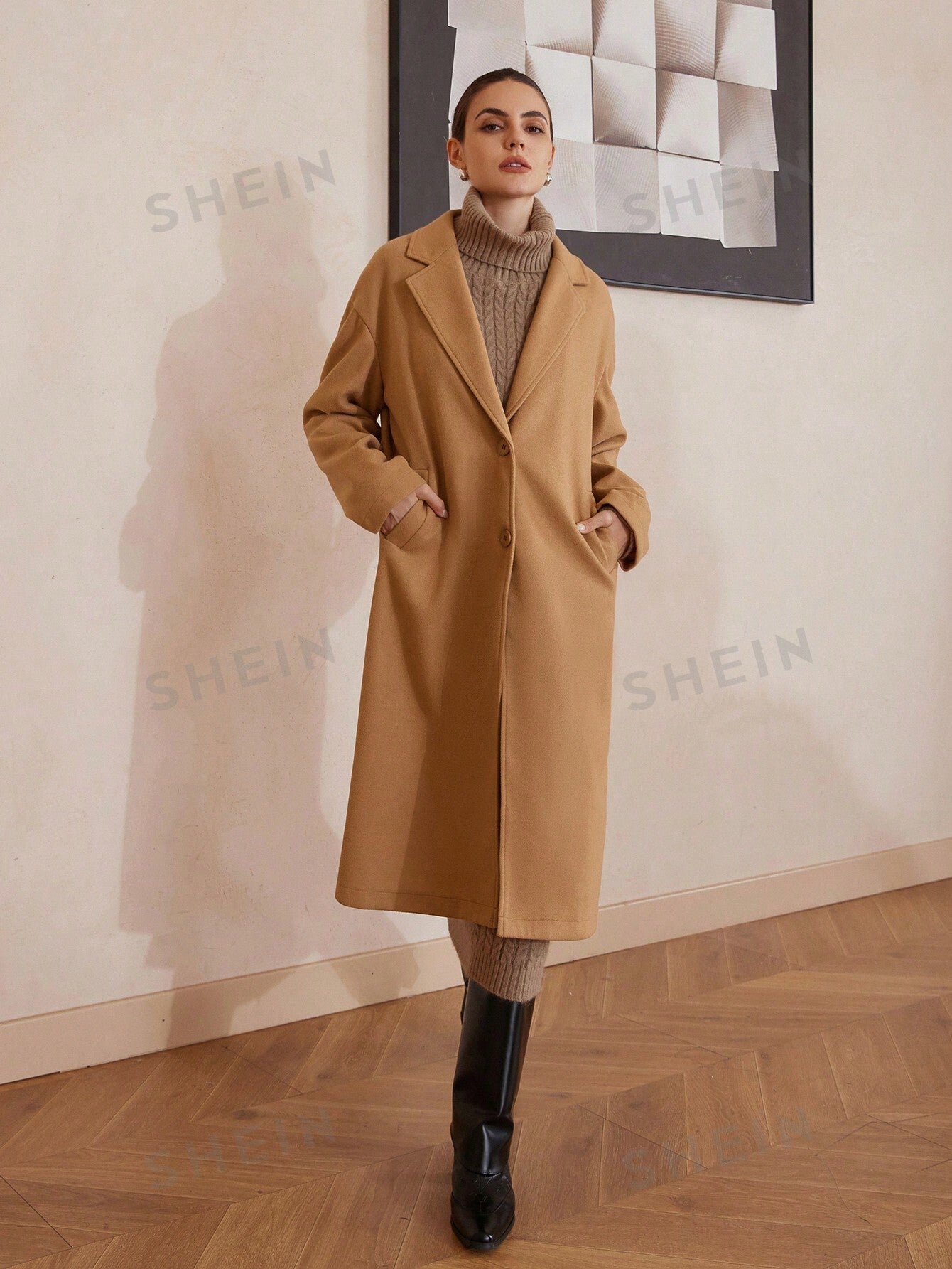 Modichic Autumn/Winter Oversized Long Sleeve Woolen Coat With Detachable Khaki Scarf - Negative Apparel