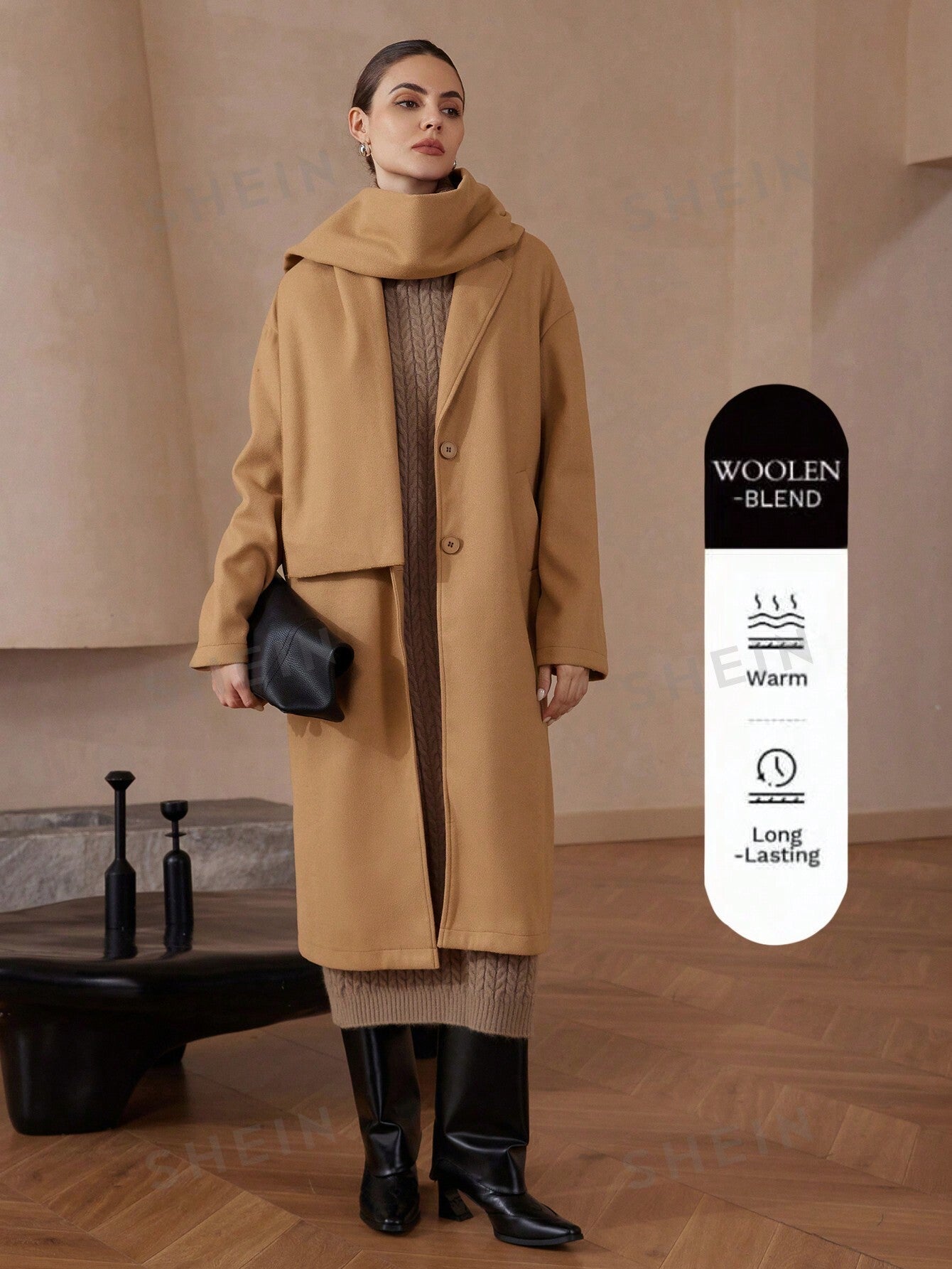 Modichic Autumn/Winter Oversized Long Sleeve Woolen Coat With Detachable Khaki Scarf - Negative Apparel