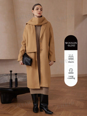 Modichic Autumn/Winter Oversized Long Sleeve Woolen Coat With Detachable Khaki Scarf - Negative Apparel