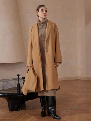 Modichic Autumn/Winter Oversized Long Sleeve Woolen Coat With Detachable Khaki Scarf - Negative Apparel