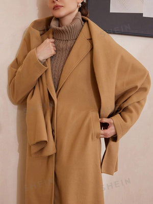 Modichic Autumn/Winter Oversized Long Sleeve Woolen Coat With Detachable Khaki Scarf - Negative Apparel