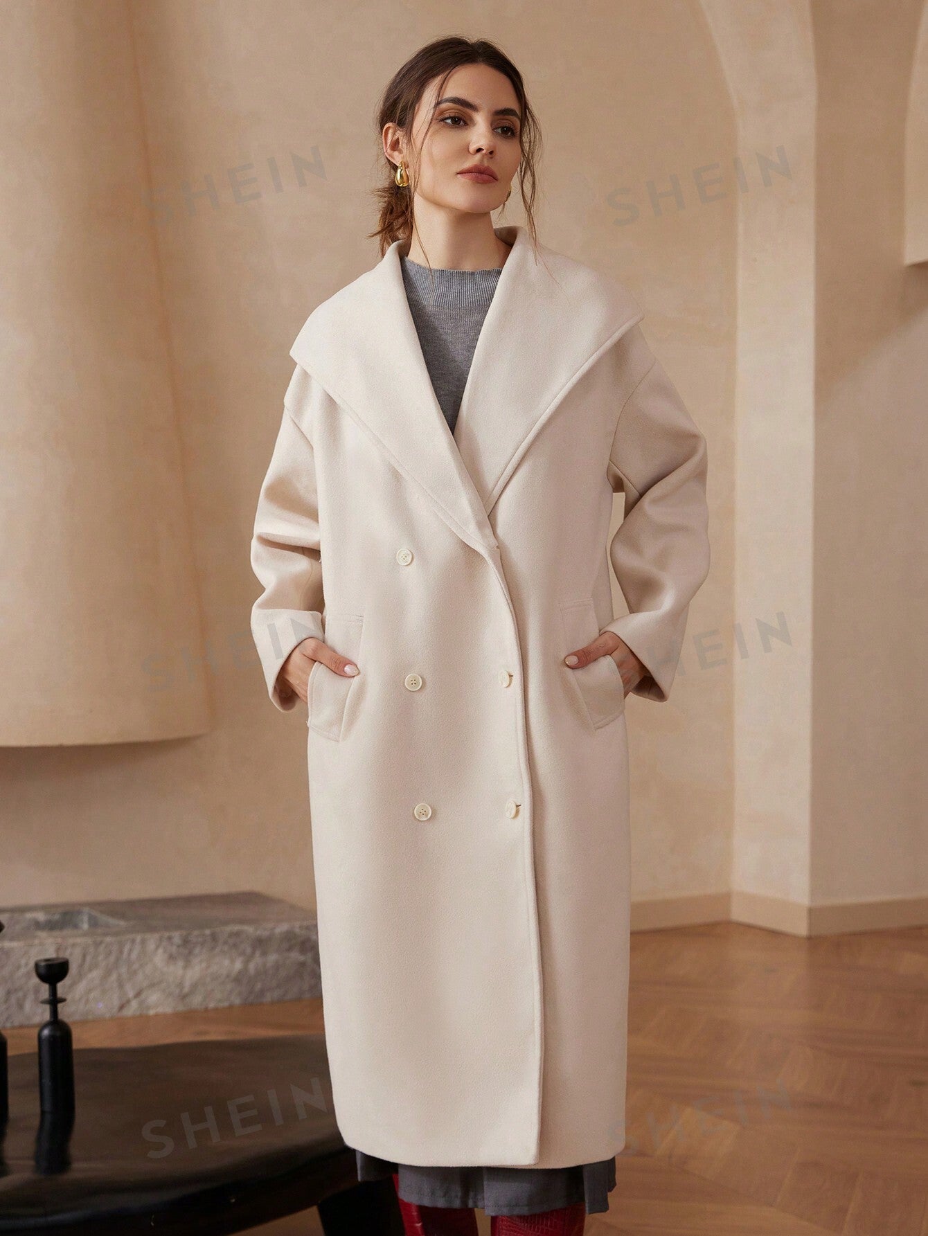 Modichic Plus Size Loose Lapel Double - Breasted Long Sleeve Long Woolen Coat - Negative Apparel