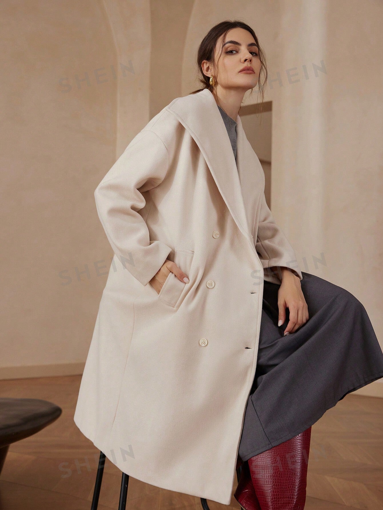 Modichic Plus Size Loose Lapel Double - Breasted Long Sleeve Long Woolen Coat - Negative Apparel