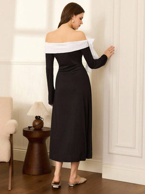 Moireta Elegant Off Shoulder Contrast Color Bow Decor Dress FD - Negative Apparel