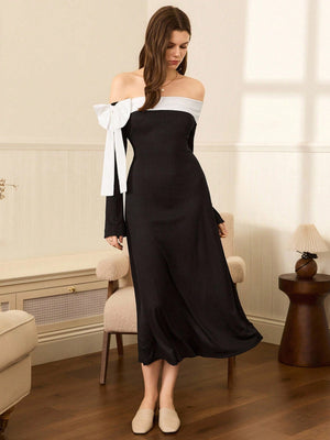 Moireta Elegant Off Shoulder Contrast Color Bow Decor Dress FD - Negative Apparel