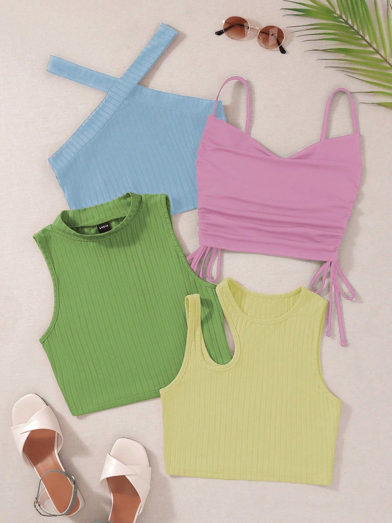 MOOSTA 4pcs Solid Drawstring Side Cami Top & Halter Top & Tank Top, Going Out Top - Negative Apparel