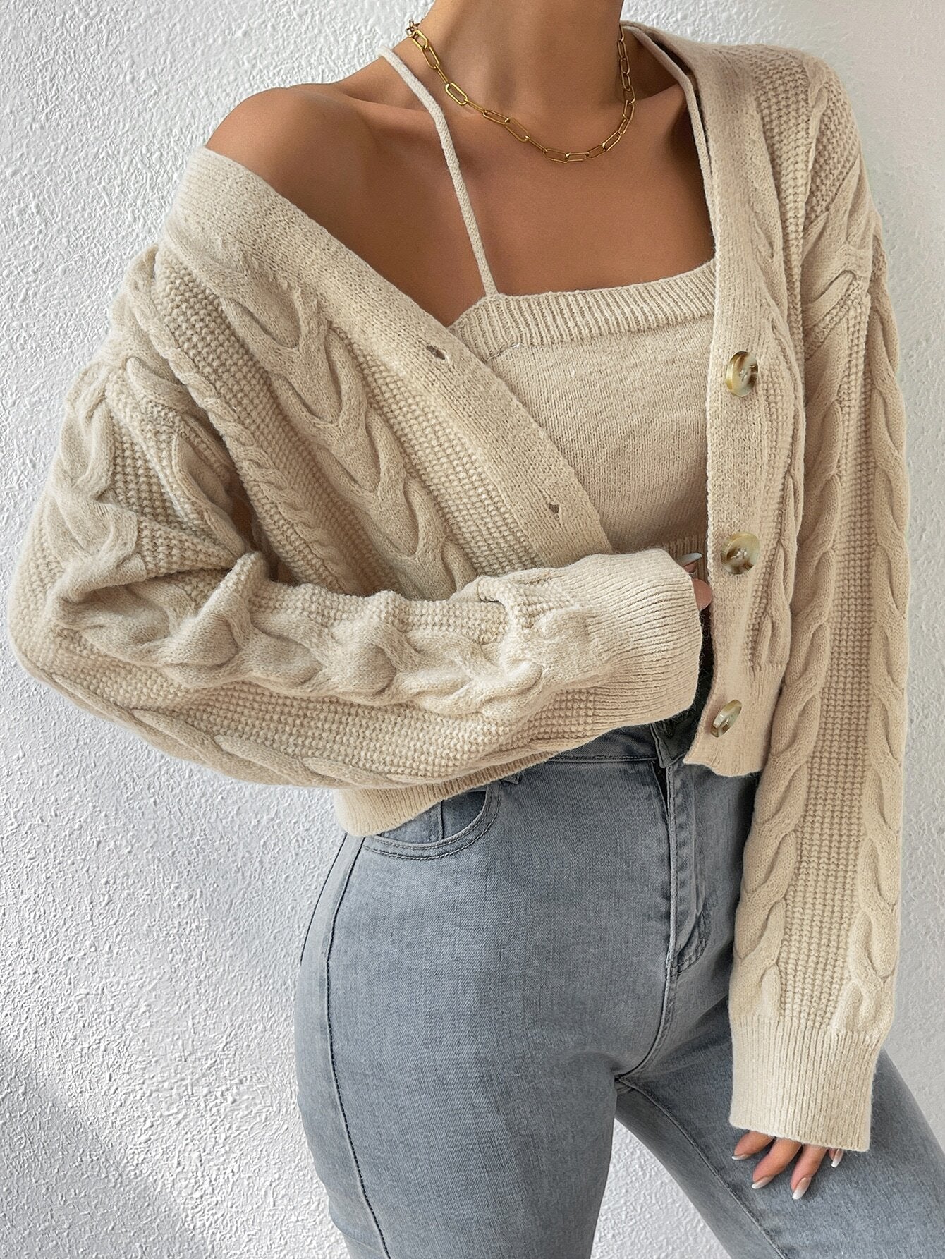 MOOSTA Cable Knit Drop Shoulder Cardigan & Cami Knit Top - Negative Apparel