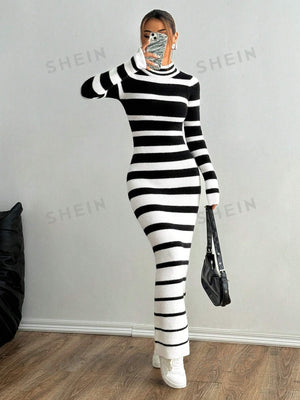 MOOSTA Casual Chic Colorblock Striped Long Sweater Dress - Negative Apparel